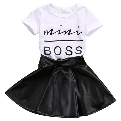 Short Sleeve T-Shirt + PU Skirt Set